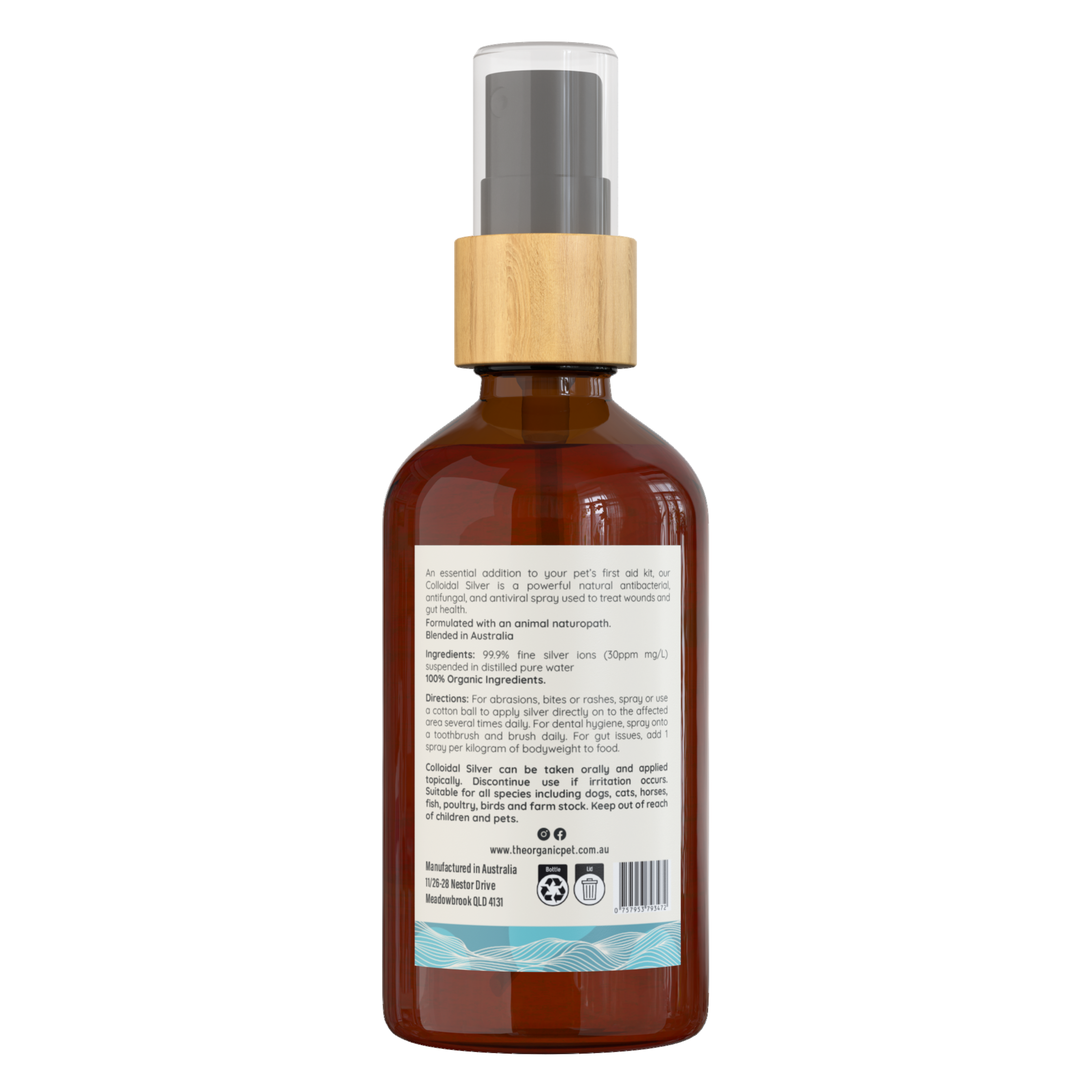 Back of Colloidal Silver Spray showing organic ingredients and usage for wound and gut health in pets.