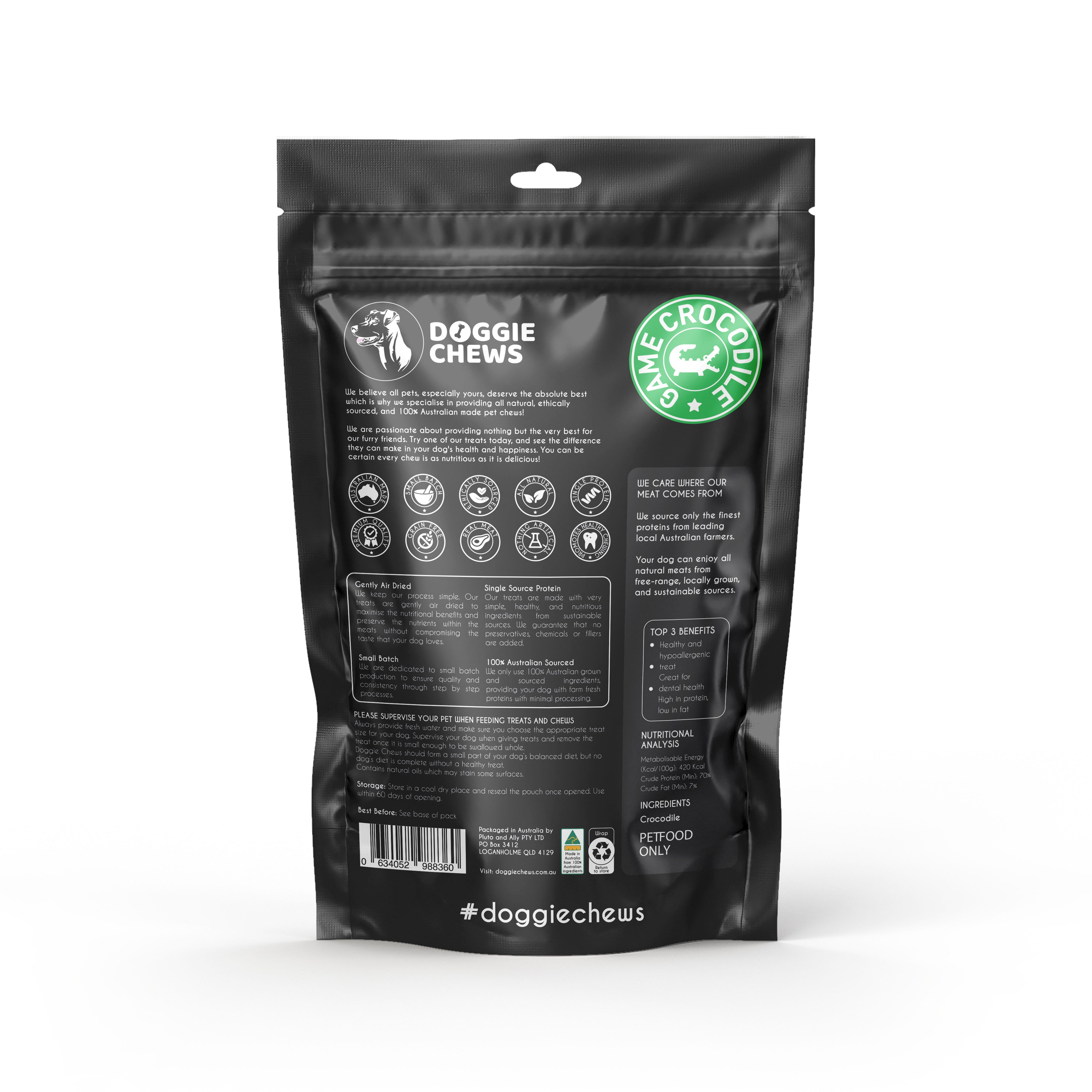 Back of crocodile foot dog treat packaging showing ethical sourcing and nutritional benefits