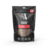 Packaging of Doggie Chews Beef Tendon Long Lasting Dog Chew, showing the product in a clear window on a black background with branding and information labels.