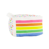 Birthday Cake Slice Plush Dog Toy with rainbow layers and sprinkle design.