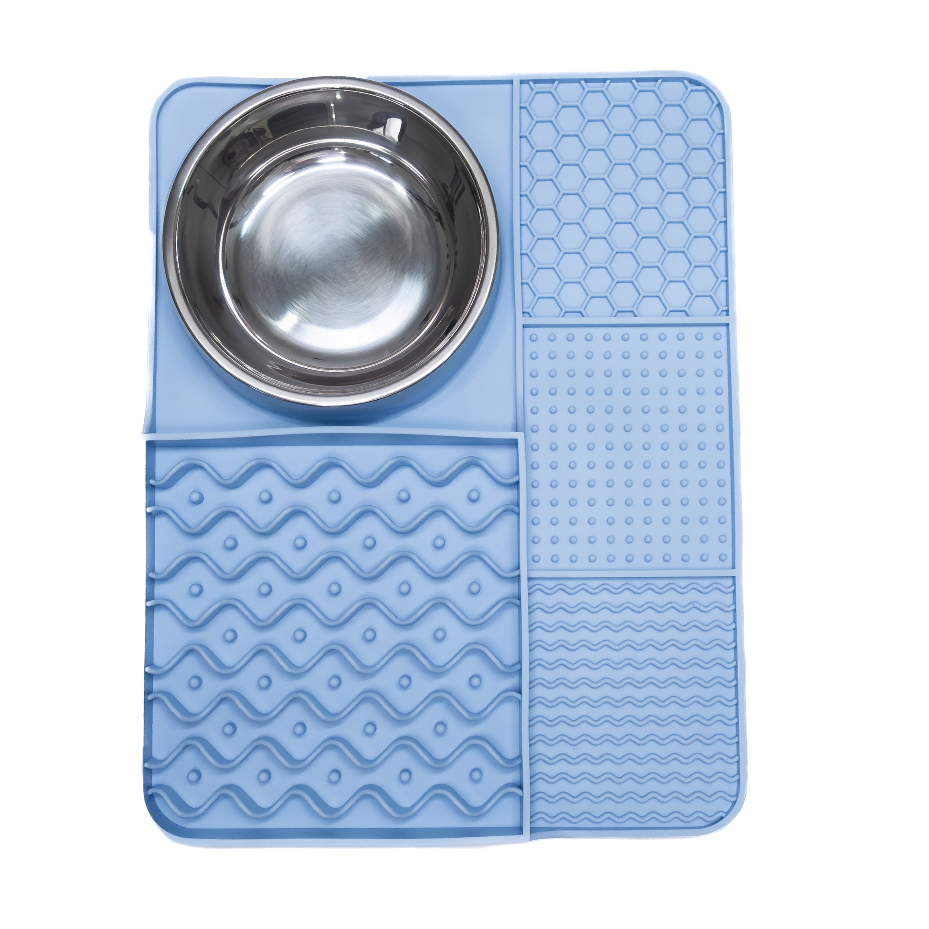 Blue Lick and Feast Slow Feeder Mat with stainless bowl and textured silicone sections to encourage calm licking and digestion.