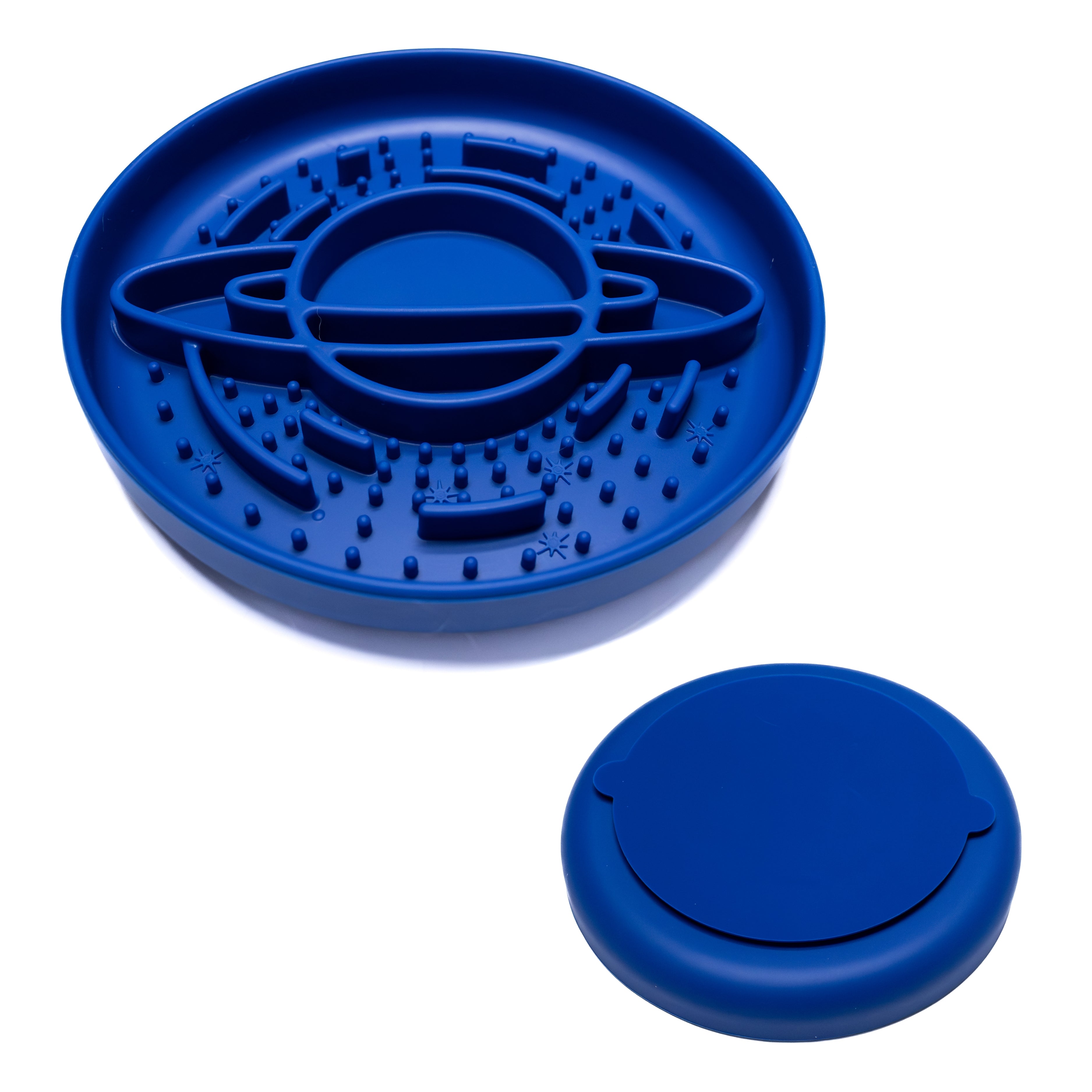 Blue Planet Slow Feeder Enrichment Bowl with removable lid designed for food prep, licking enrichment, and digestion aid.