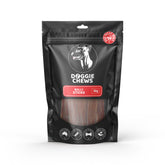 A package of Doggie Chews Bully Sticks. The package is black with a transparent window showing the bully sticks inside and has text detailing the product and brand.