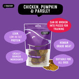 Chicken and parsley dog treats made with lean protein and local ingredients.