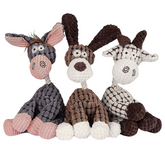 Cosy Corduroy Animal Rope Neck Plush Dog Toys in various animal designs, soft chew toys for dogs.