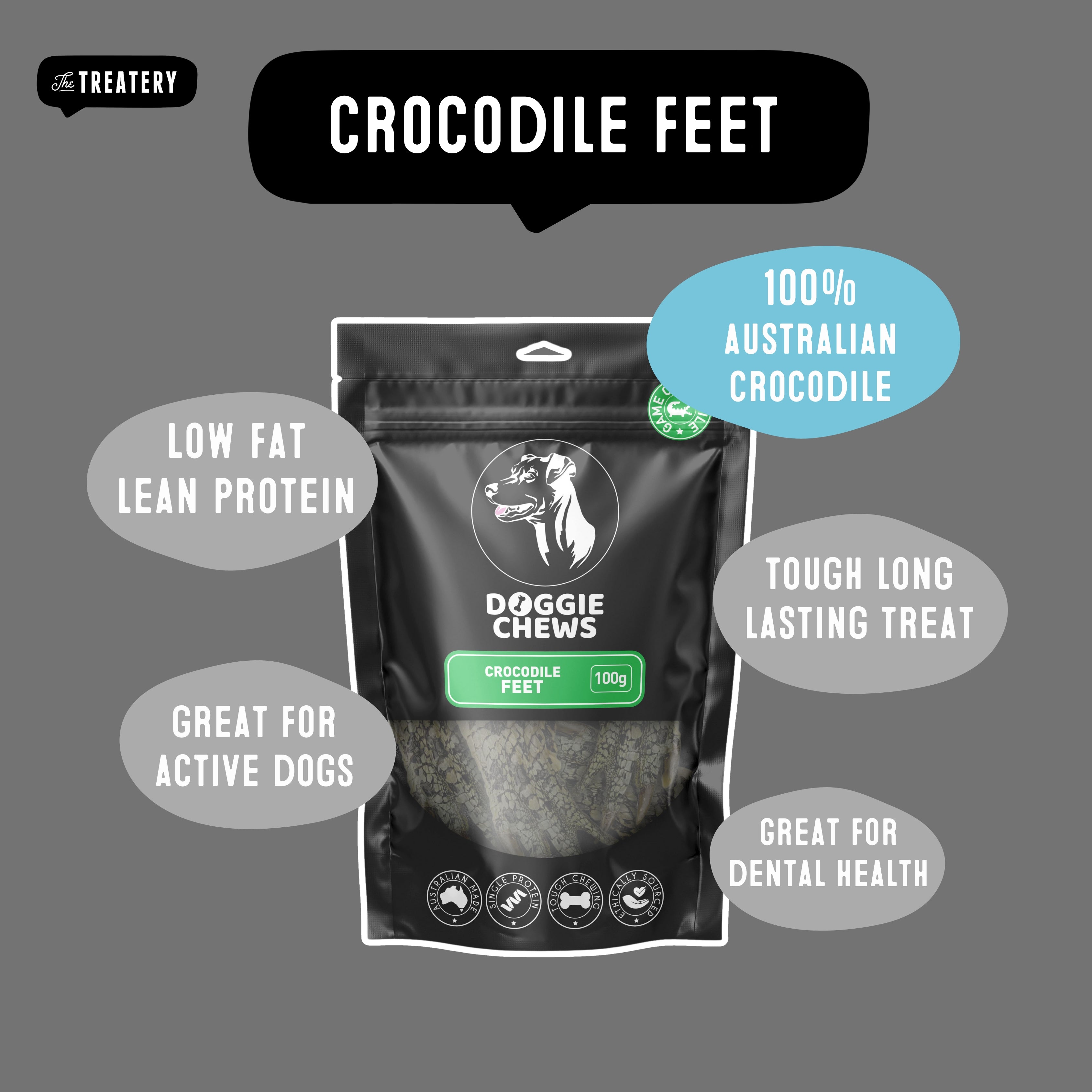 Crocodile feet dog treats product benefits include lean protein and long lasting tough chew