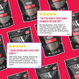 Customer reviews for Doggie Chews beef lung crisps praising long lasting natural beef lung treats for dogs