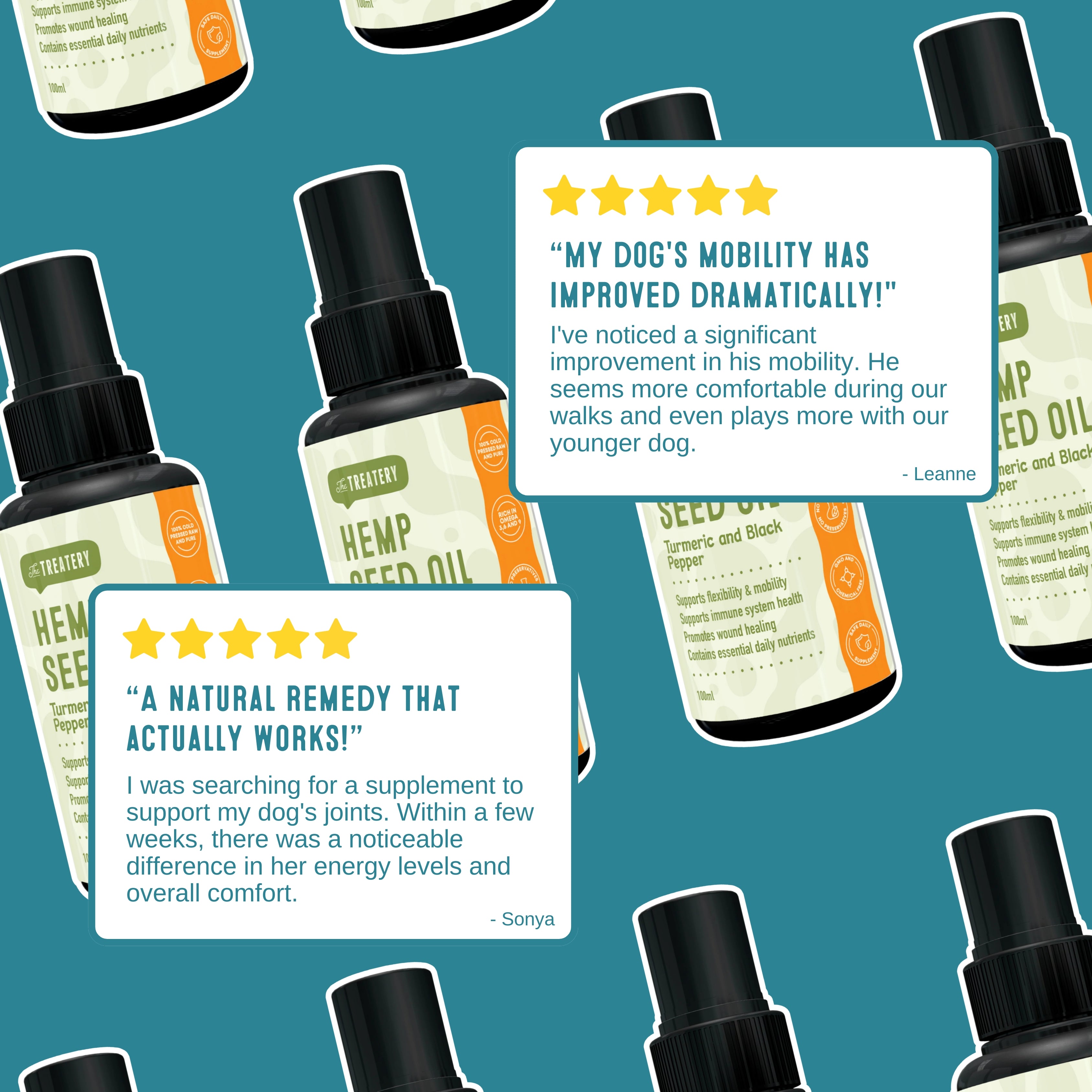 Customer reviews praising Hemp Seed Oil for improving dog mobility comfort and joint health naturally with turmeric benefits.