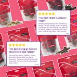 Customer reviews praising dehydrated emu strips, natural dog treats dogs love.