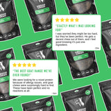 Customer reviews praising goat treats for dogs as allergy friendly single protein