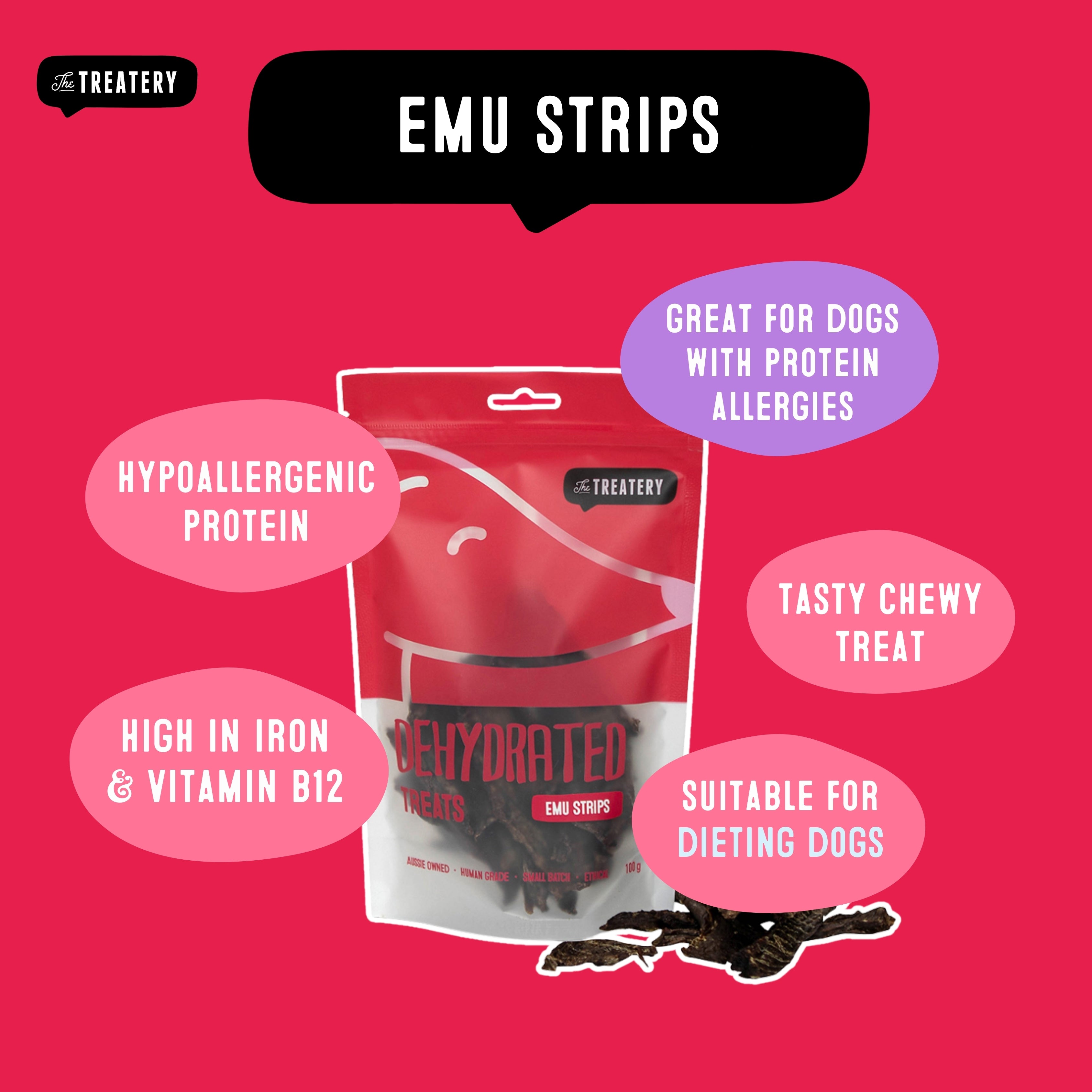 Dehydrated emu strips dog treats, hypoallergenic protein snacks for healthy, active dogs.