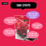 Dehydrated emu strips dog treats, hypoallergenic protein snacks for healthy, active dogs.