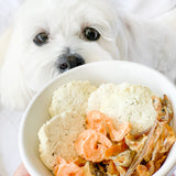 Dog eyeing bowl of Fish, Coconut & Dill Thins, healthy fish treats paired with nutritious meal.