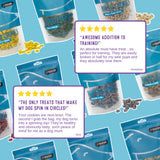 Dog treats packaging with customer reviews on a blue background