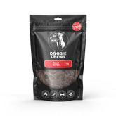 A package of Doggie Chews Bully Bites, featuring a black background with a white silhouette of a dog's head and text that indicates the product is 100% Australian beef, small & mighty, rich in protein, and lean.