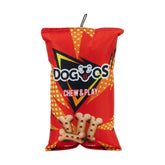 Doggos Chips Plush Dog Toy, red snack bag design with bone graphics, fun squeaky toy for dogs.