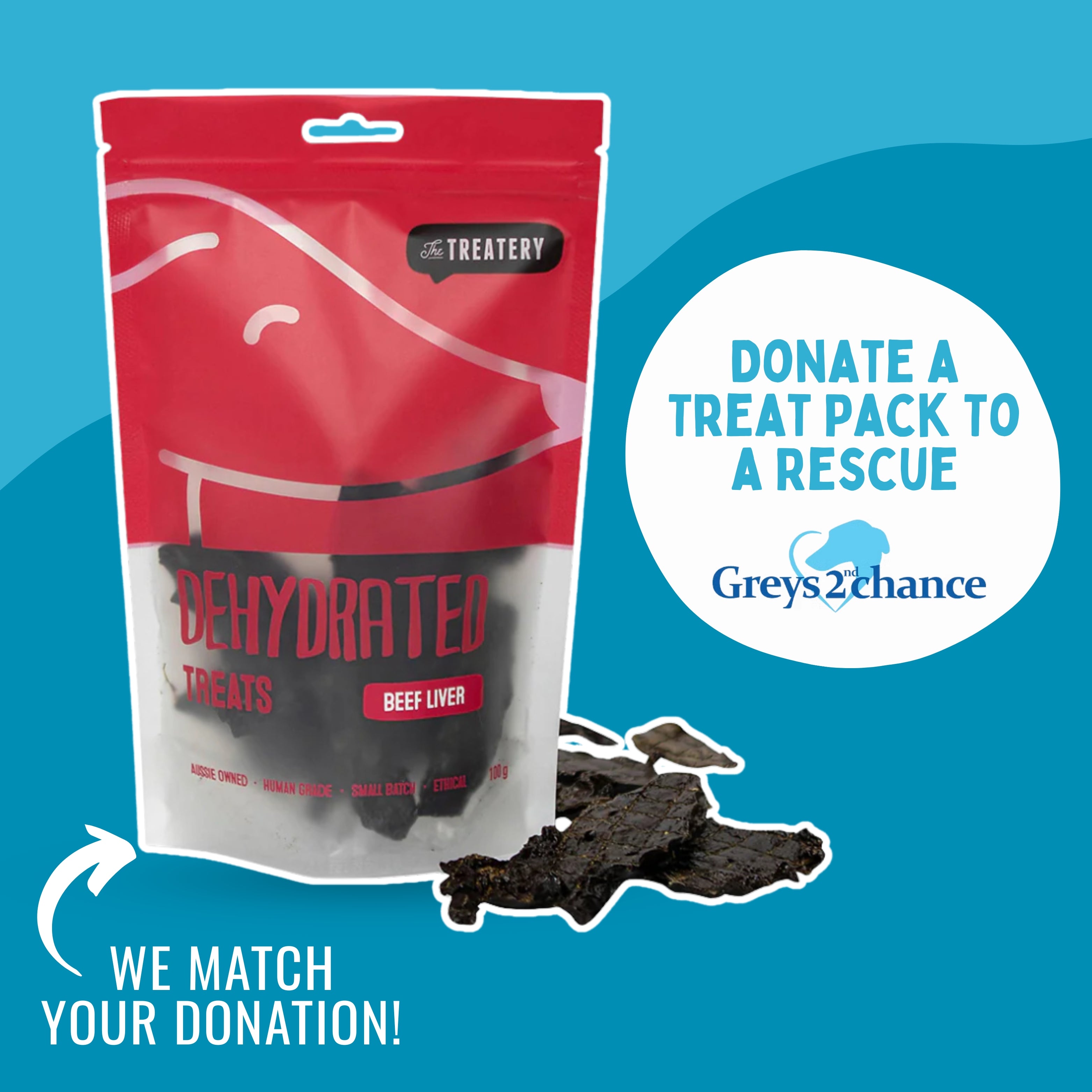 The Treatery donate a treat pack to a rescue product image showing dehydrated beef liver dog treats and partnership with Greys 2nd Chance rescue.