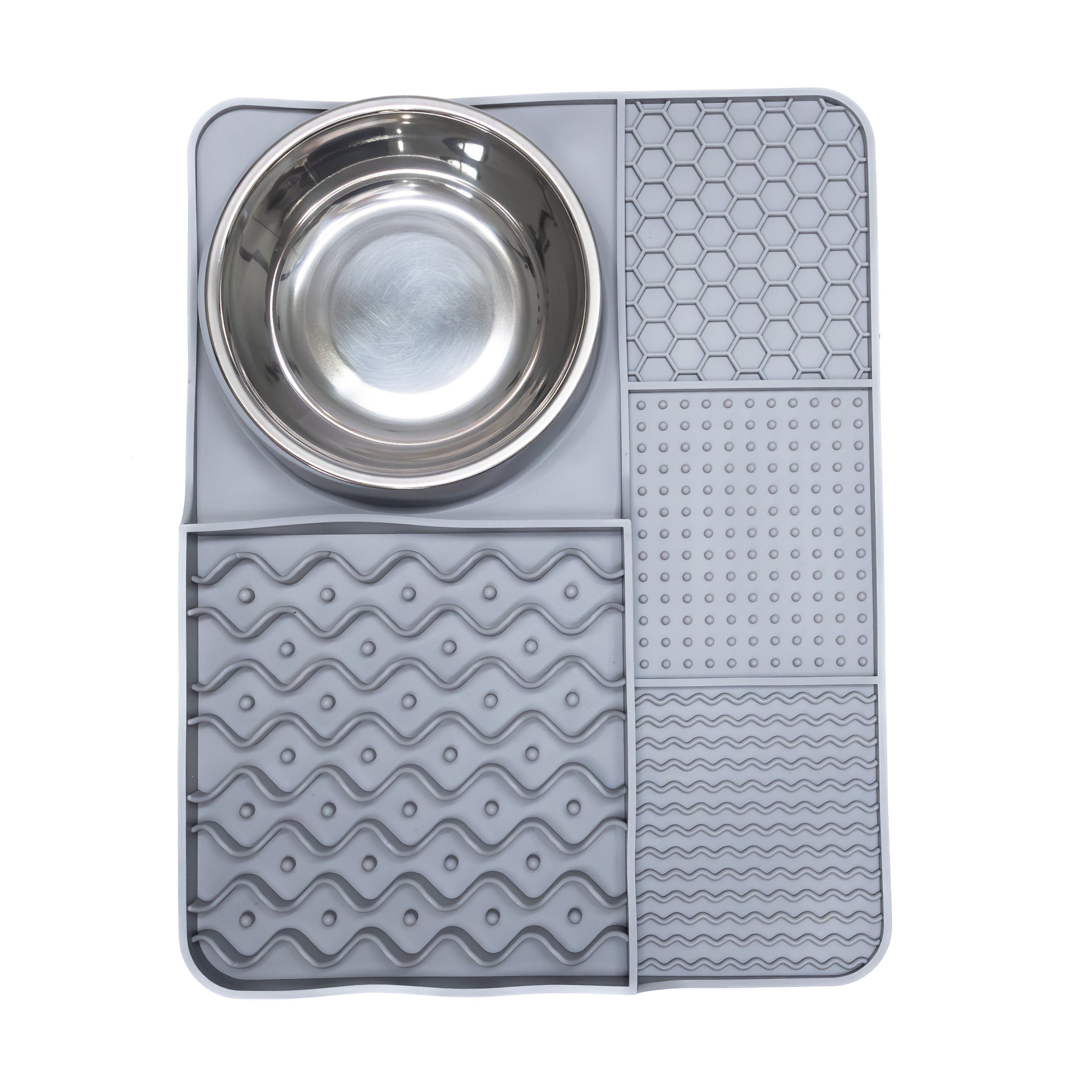 Gray Lick and Feast Slow Feeder Mat featuring multi-textured zones for enrichment licking and stress relief in dogs.