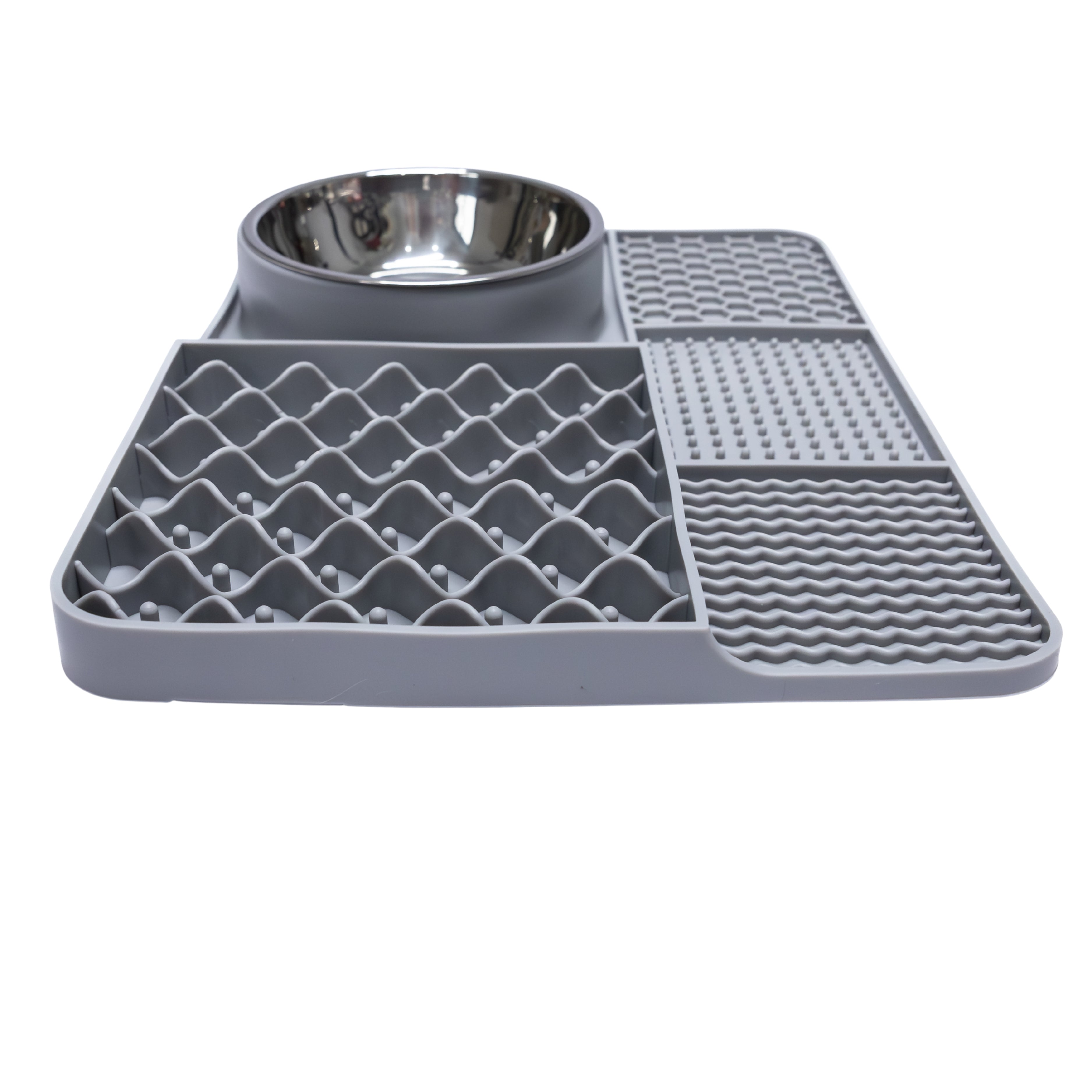 Gray Lick and Feast Slow Feeder Mat side view with non-slip base and wave textures enhancing licking enrichment for dogs.