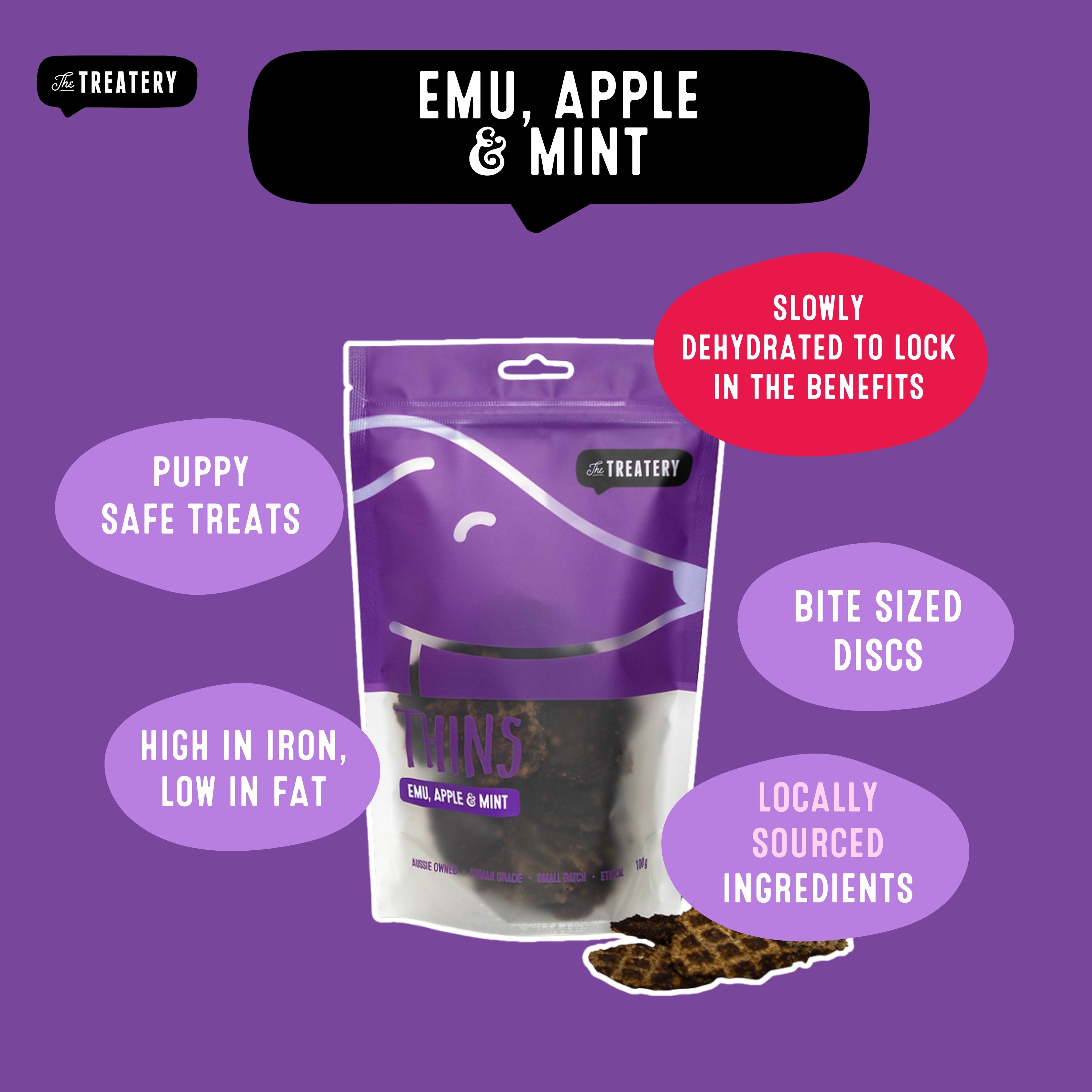 Pack of Thins Emu Apple & Mint dog treats, natural low-fat bite-sized nutritious dog snacks.