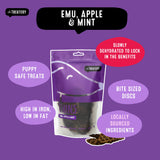 Pack of Thins Emu Apple & Mint dog treats, natural low-fat bite-sized nutritious dog snacks.