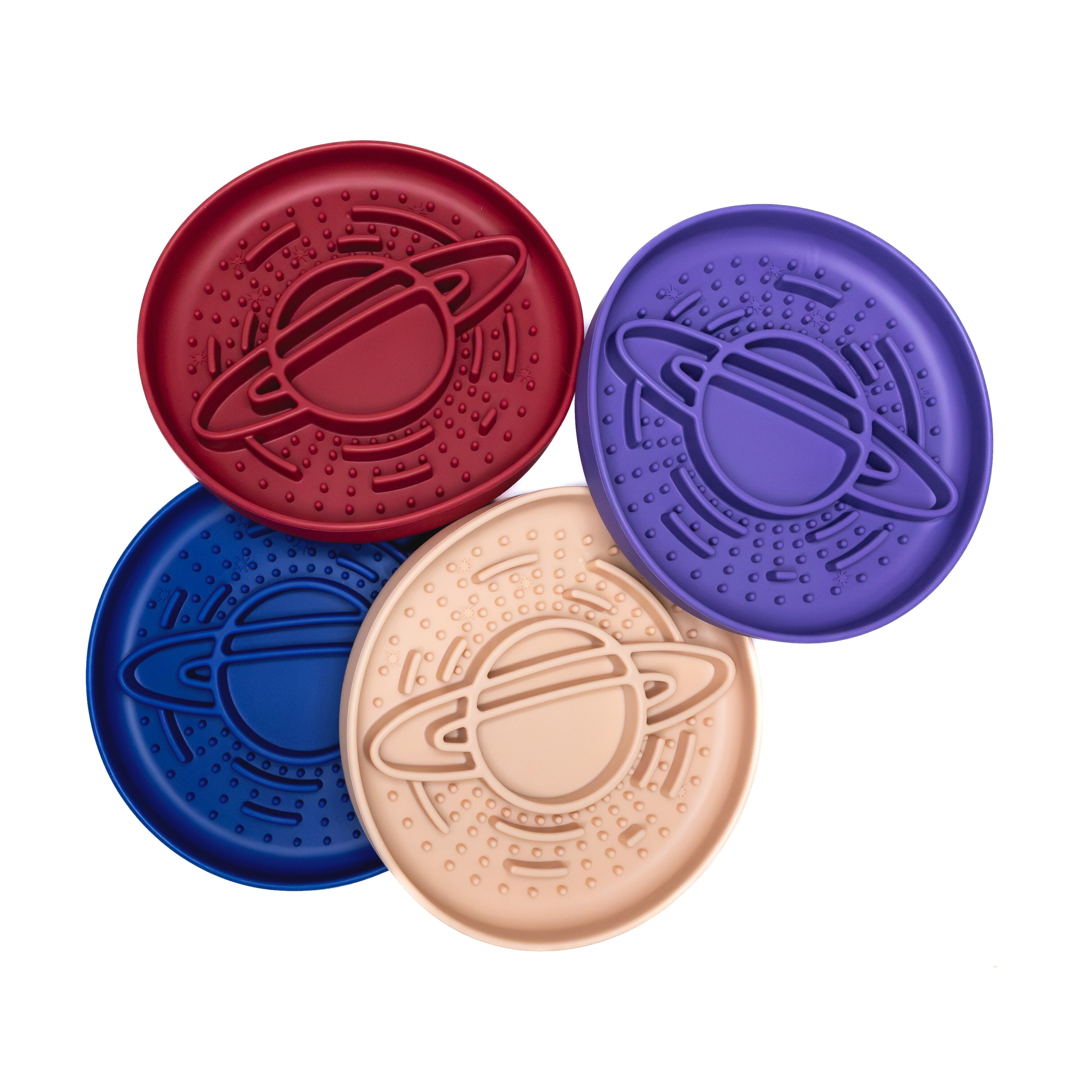 Planet Slow Feeder Bowls in purple, blue, red, and beige promoting interactive feeding and mental stimulation for dogs.