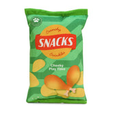 Potato Chips Plush Dog Toy, green snack bag design with squeaker for playful dogs.