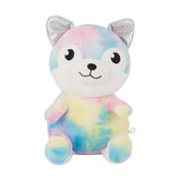 Rainbow Tie-Dye Squishy Dog Plush Toy with silver ears, soft colorful cuddly dog toy.