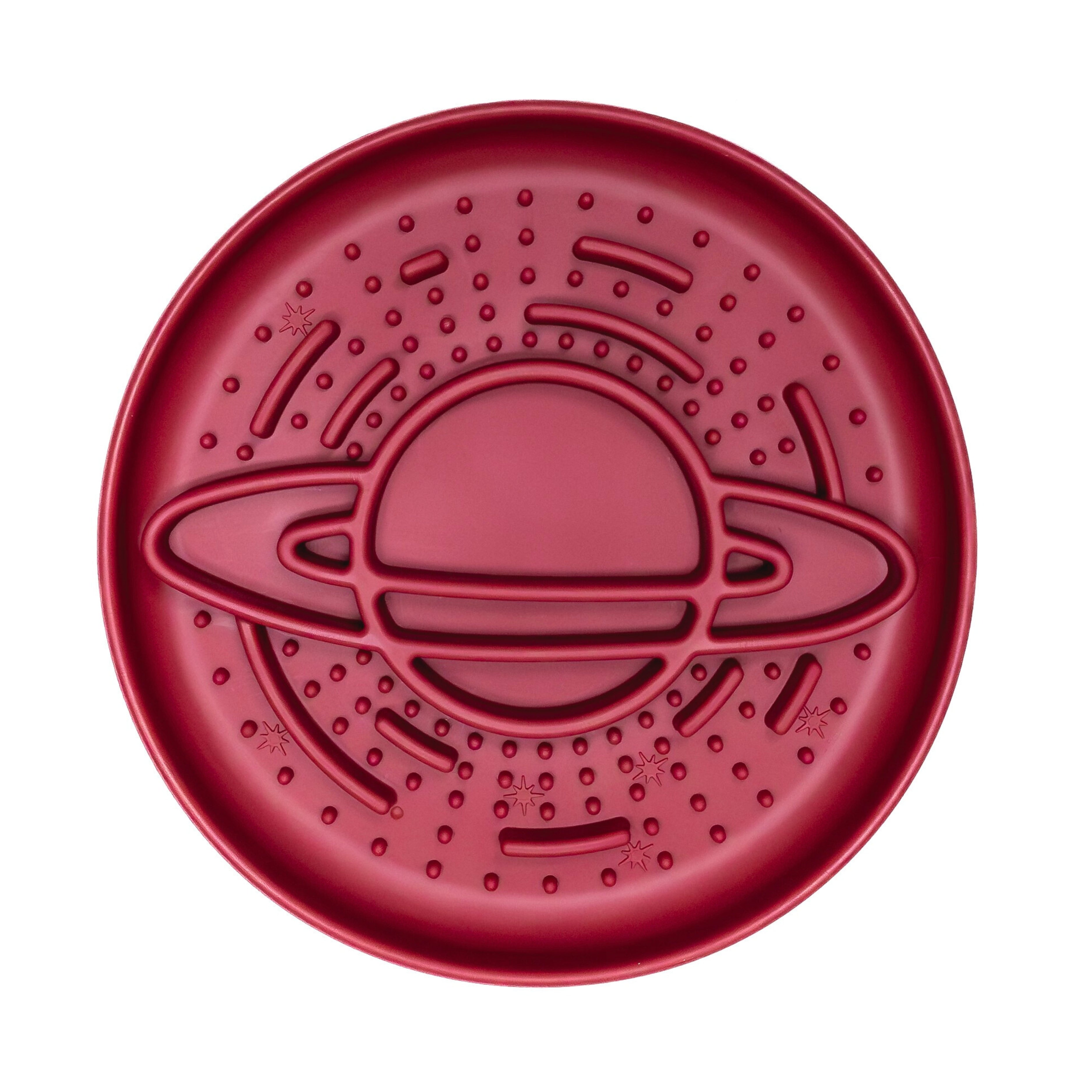 Red Planet Slow Feeder Bowl featuring space-themed ridges to slow eating and support calm behavior in dogs.