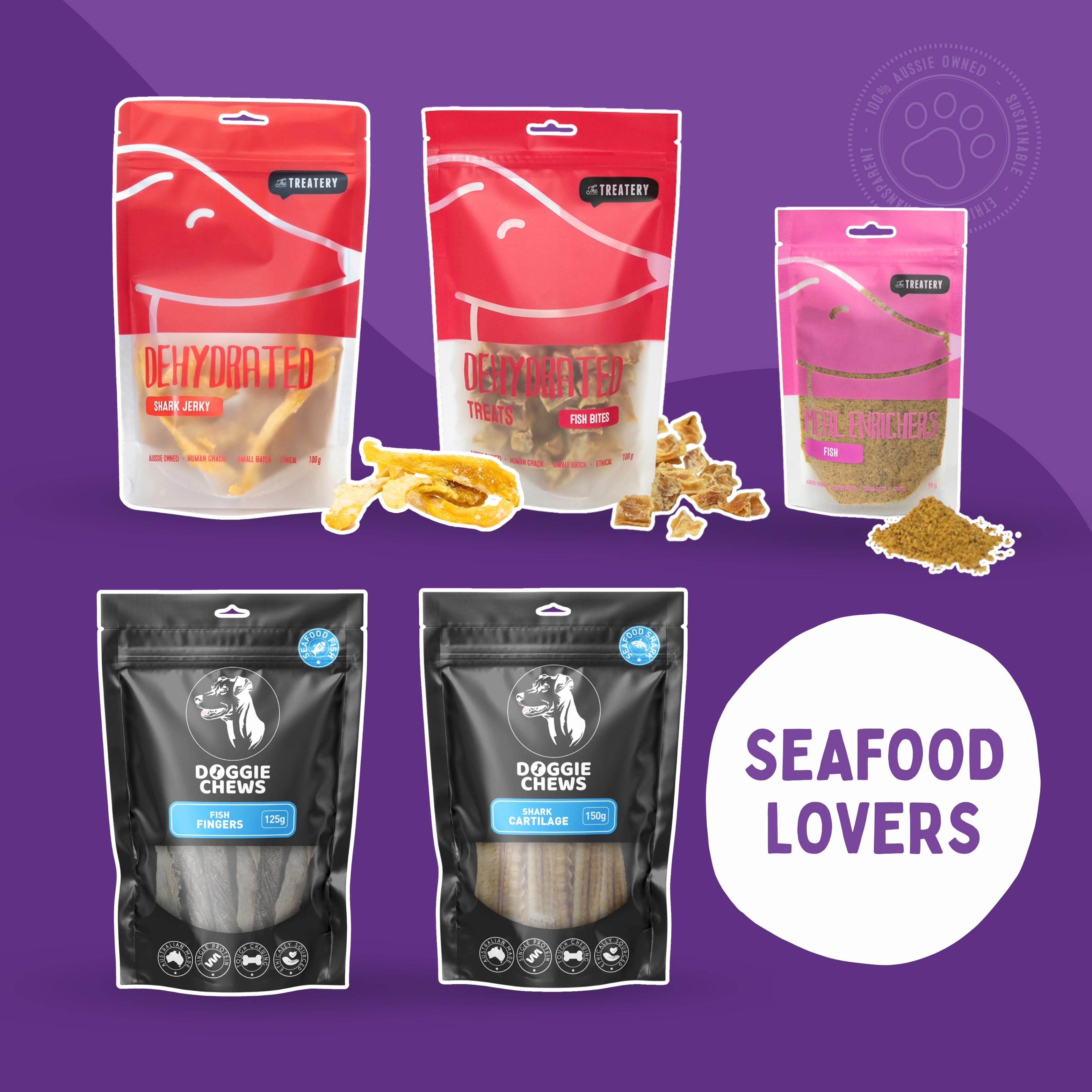 Seafood lovers dog treat bundle with fish bites shark jerky and fish meal enrichers omega rich chews
