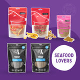 Seafood lovers dog treat bundle with fish bites shark jerky and fish meal enrichers omega rich chews