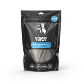 A packaged product of Doggie Chews brand showing Shark Cartilage Tails in a transparent window, indicating it is a natural and healthy treat for dogs.