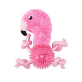 Spike Flamingo Durable Plush Dog Toy, pink plush squeaky toy with rope limbs for dogs.
