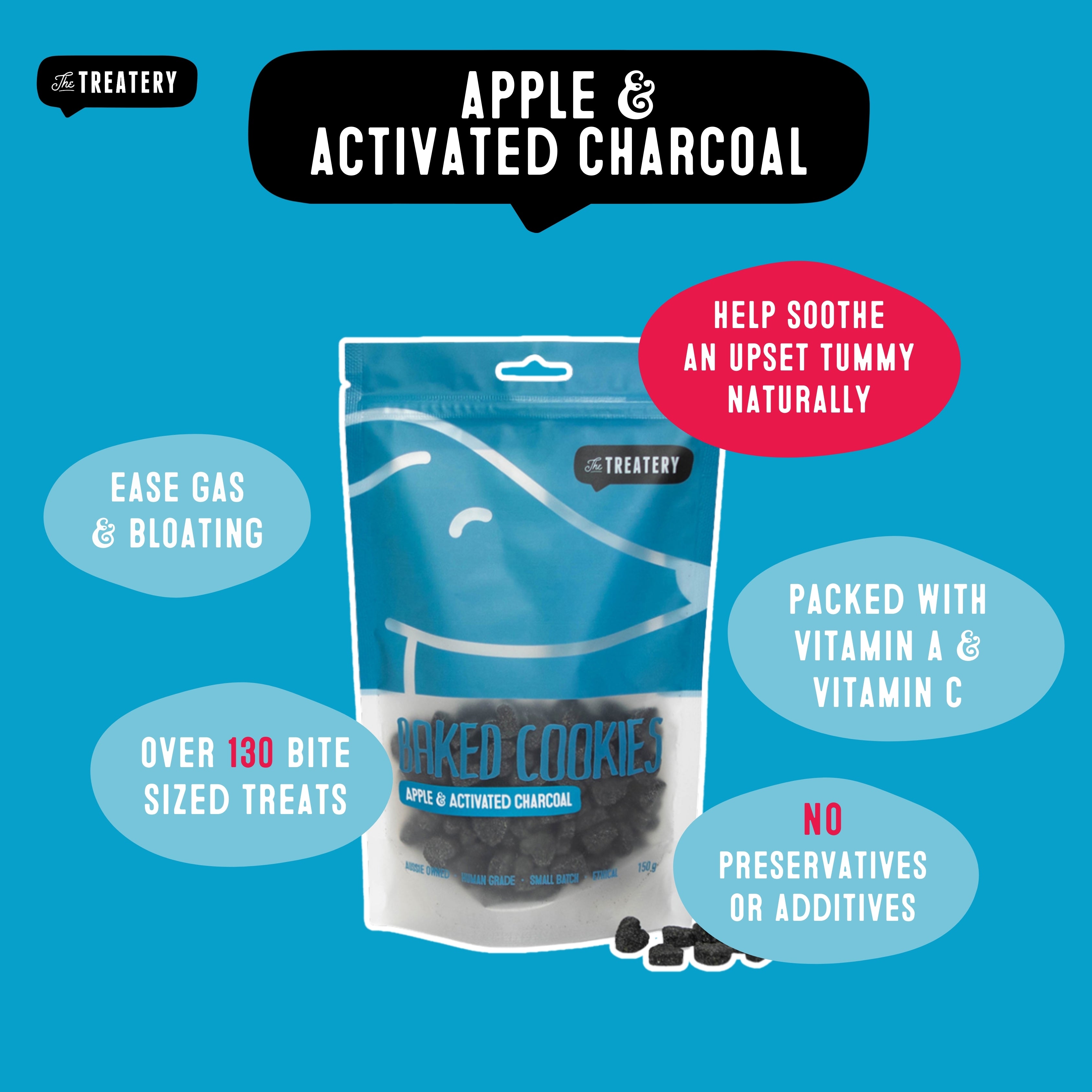 The Treatery Apple & Activated Charcoal cookies, natural dog treats for digestion and tummy relief.
