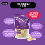 The Treatery Fish, Coconut & Dill Thins, crunchy fish dog treats packed with antioxidants.