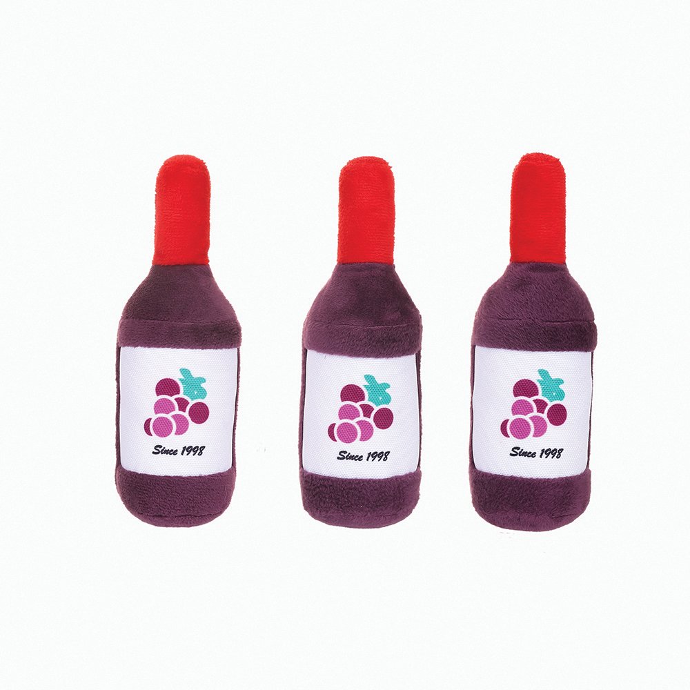 Three squeaky wine bottle plush toys from HugSmart Autumn Tailz Dog Toy set.