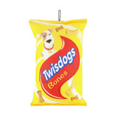 Twistdogs Pet Plush Toy, yellow plush squeaky dog toy shaped like snack bag with bone design.