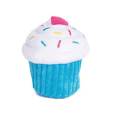 ZippyPaws Cupcake Plush Dog Toy with white frosting, sprinkles, and blue base.