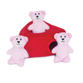 Zippy Paws Heart 'n Bears Squeaky Puzzle Plush Dog Toy with pink bears and red heart burrow.