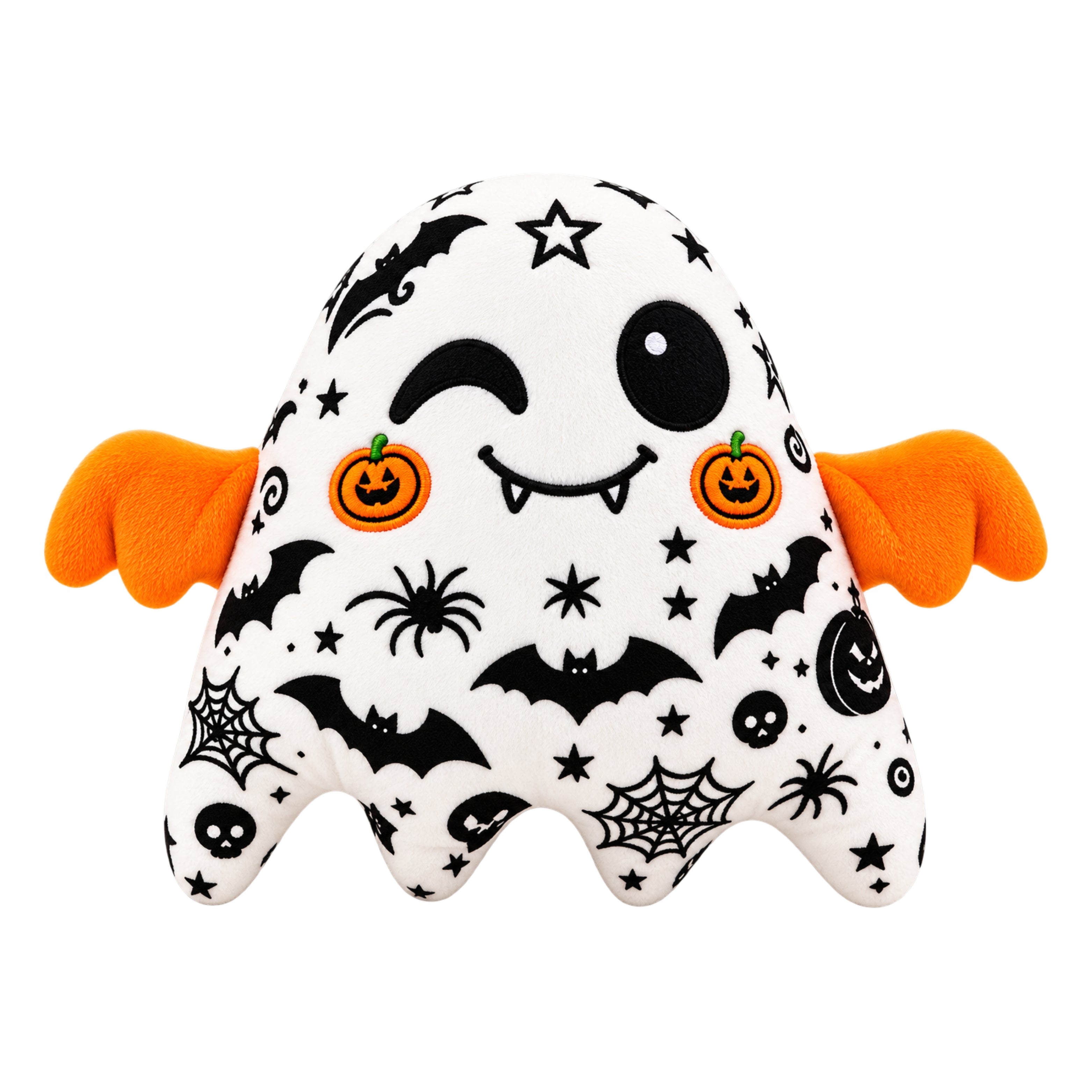 A plush Halloween ghost toy with orange wings, a white body, and black spooky patterns including bats, spiderwebs, skulls, and jack-o'-lanterns. It has a winking face with small fangs.