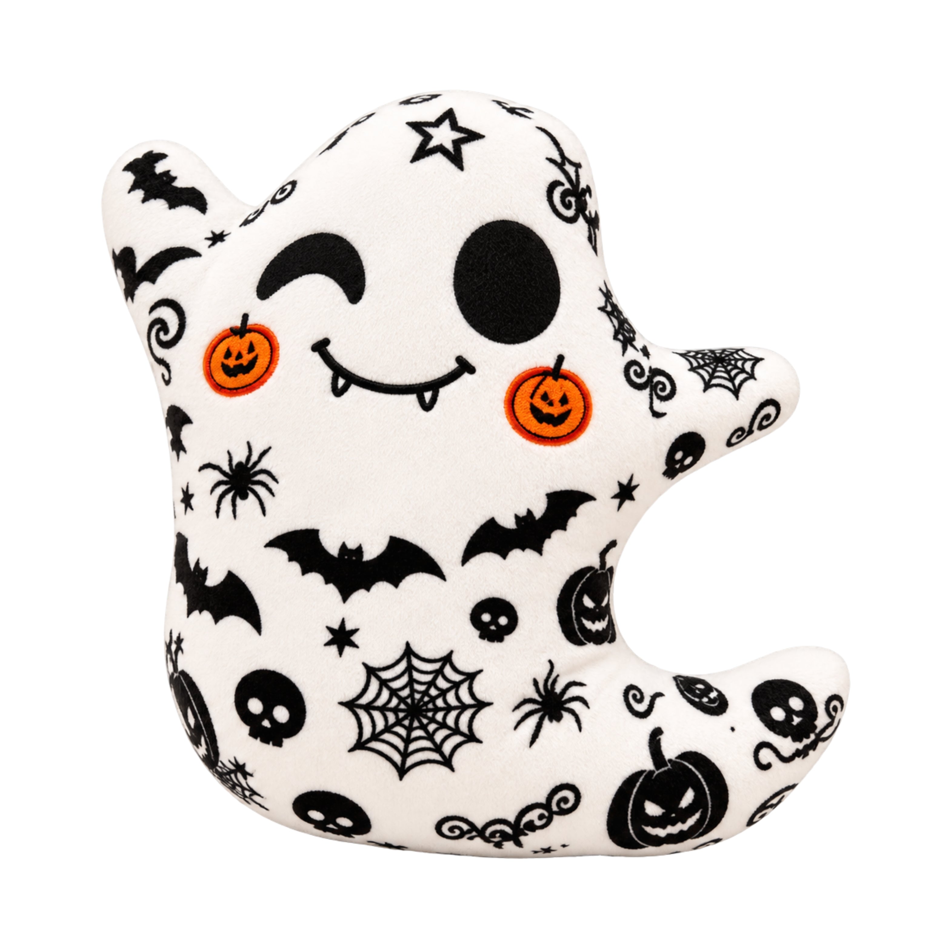 Cute ghost plush toy with Halloween decals, stitched details