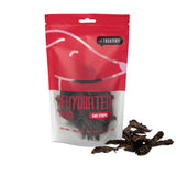 Packaging of dehydrated emu strips dog treats with several strips visible in front of the package.