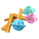 Colorful dental chew holders in blue, pink, and green alongside Himalayan dental chews and a bully stick.