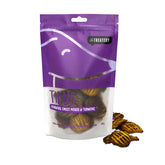 A packaged dog treat product named 'Thins' featuring kangaroo, sweet potato, and turmeric, displayed in a clear plastic pouch with a purple branding label.