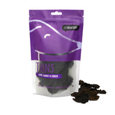 Packaging of 'The Treatery' brand Liver, Carrot & Ginger Thins dog treats, showing the product name and pieces of dehydrated liver, carrot, and ginger outside the package.