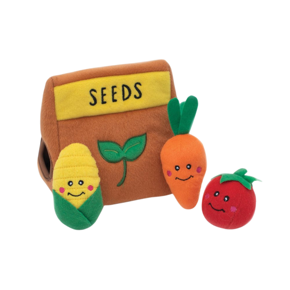 Zippy Paws Burrow Seed Packet and 3 Veggies Squeaky Puzzle Plush Dog Toy | 2-in-1 Hide and Seek Activity Toys