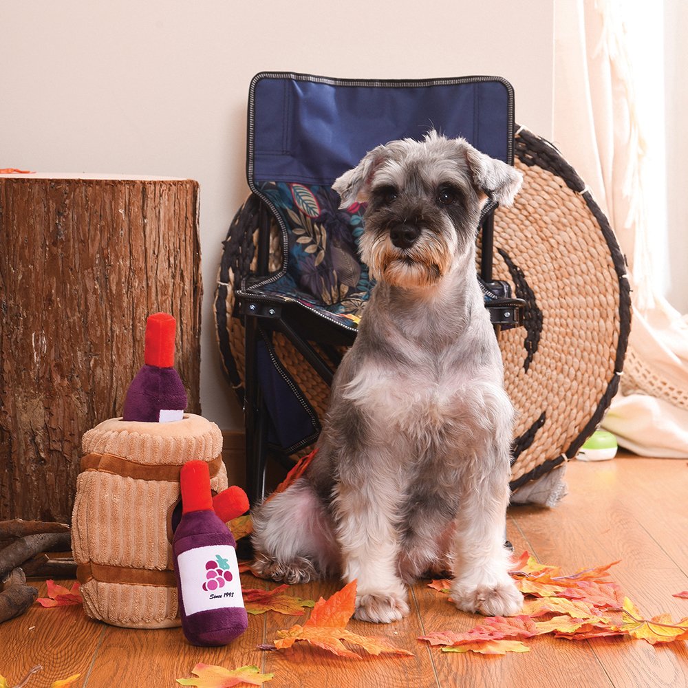 HugSmart Puzzle Hunter – Autumn Tailz Wine Barrel Squeaky Puzzle Plush Dog Toy | 2-in-1 Hide and Seek Activity Toys