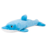 A blue dolphin plush toy for dogs with a squeaking function.