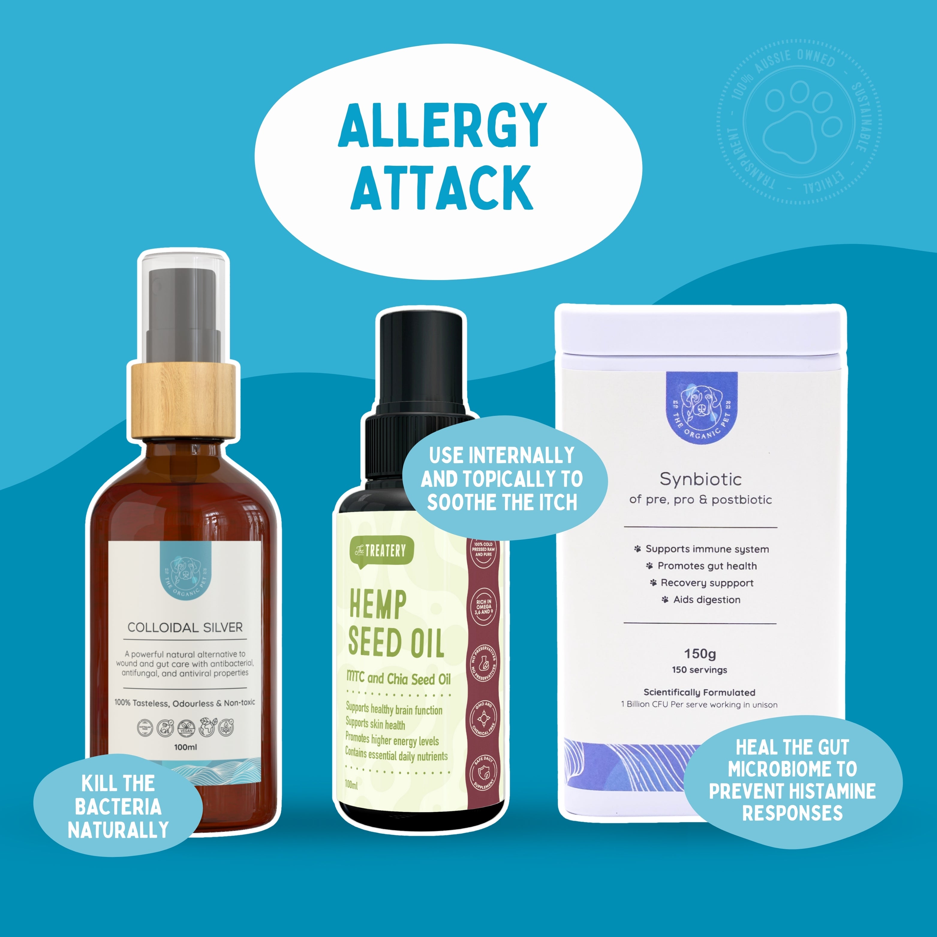 Allergy attack dog bundle with hemp seed oil colloidal silver and synbiotic gut health powder for dogs