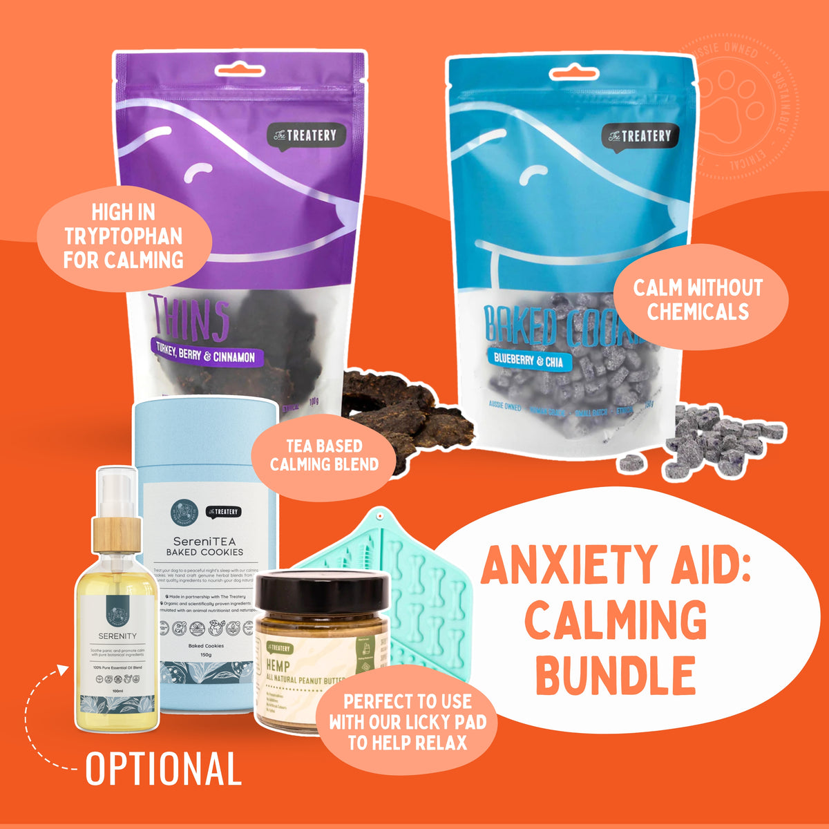 Anxiety aid calming bundle with turkey berry thins blueberry cookies serenity spray and hemp peanut butter for dogs